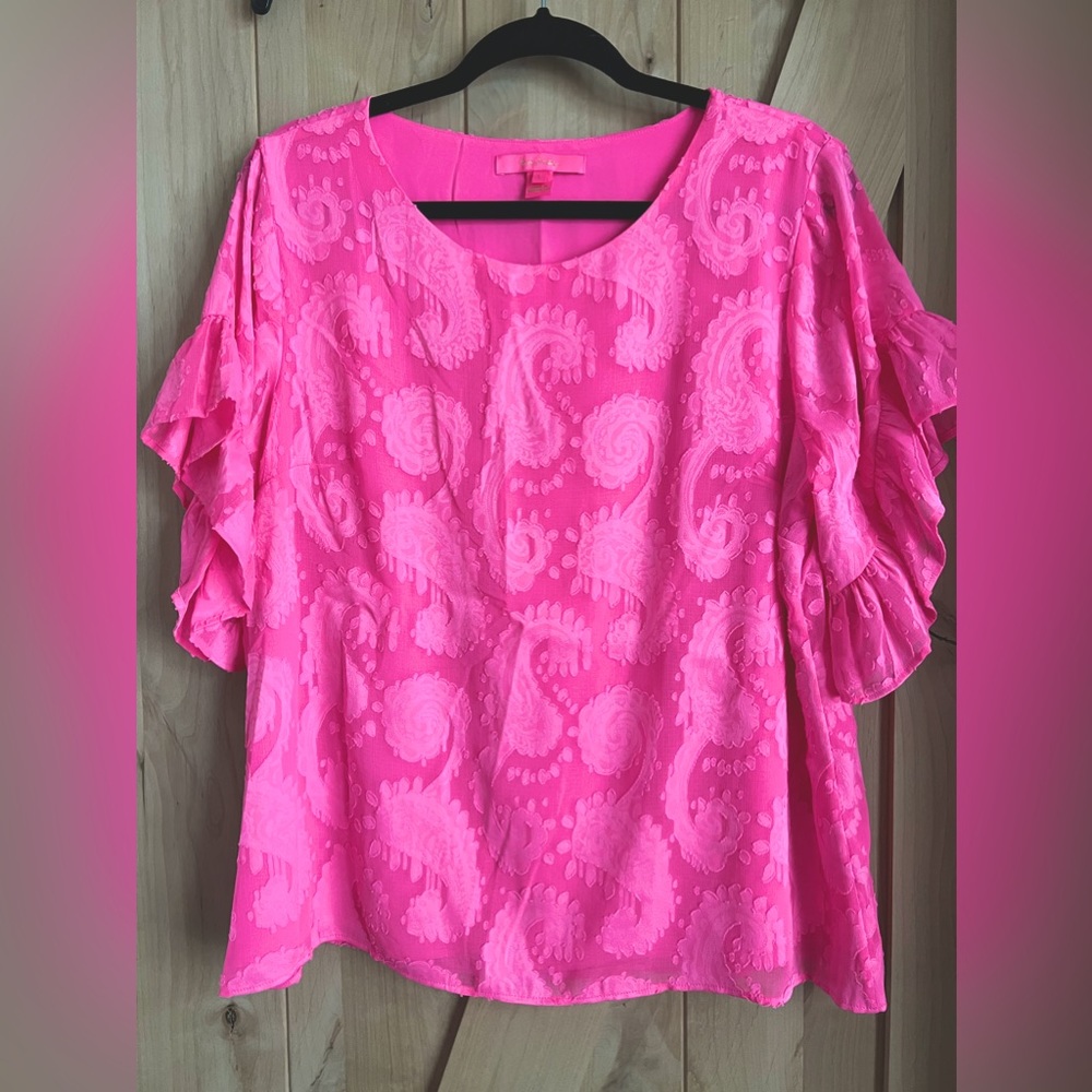 LILLY PULITZER Darlah Top Ruffled Sleeve Paisley Burnout Pink L
